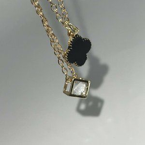 Cubic Zirconia Pendant and Four Leaf Clover 2pc Necklace Set